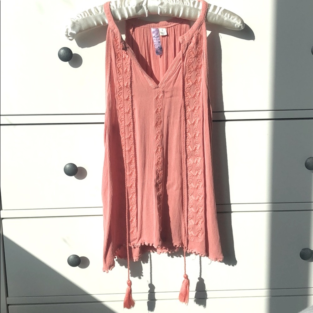 Blush pink tank top with fun embroidery & tassels